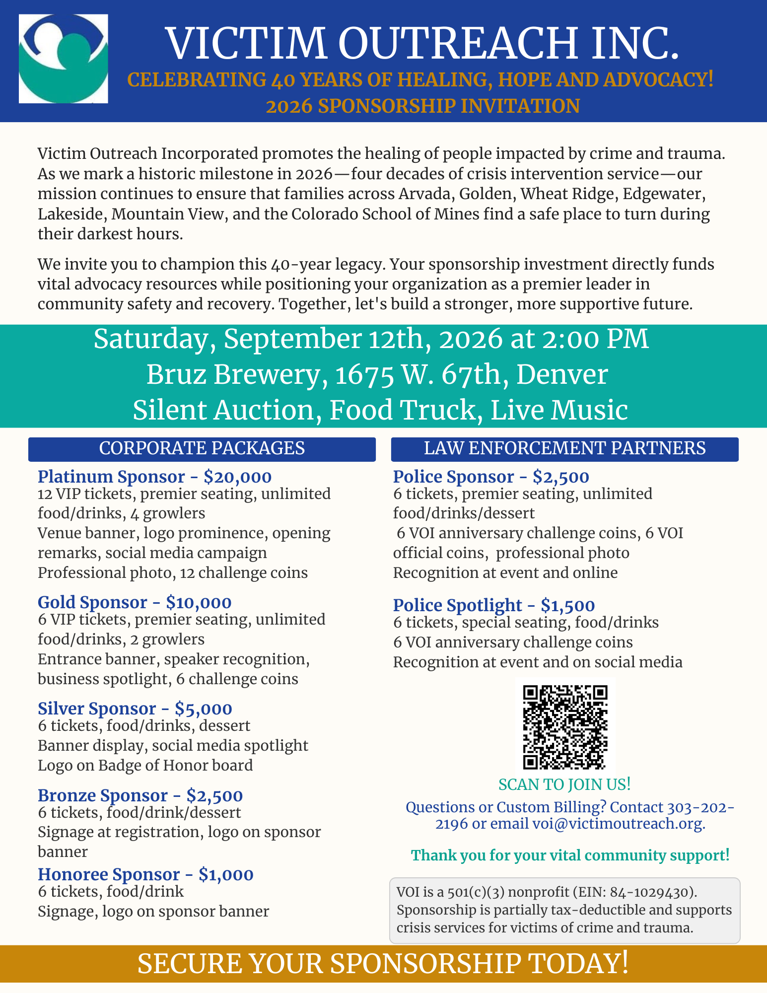VOI 2026 Sponsorship Opportunities — corporate and law enforcement packages, event details, and contact information
